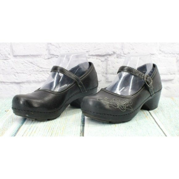 Dansko Black Leather Slip On Maryjane Clogs Heel Shoes Size 38 US 8 - Picture 2 of 9
